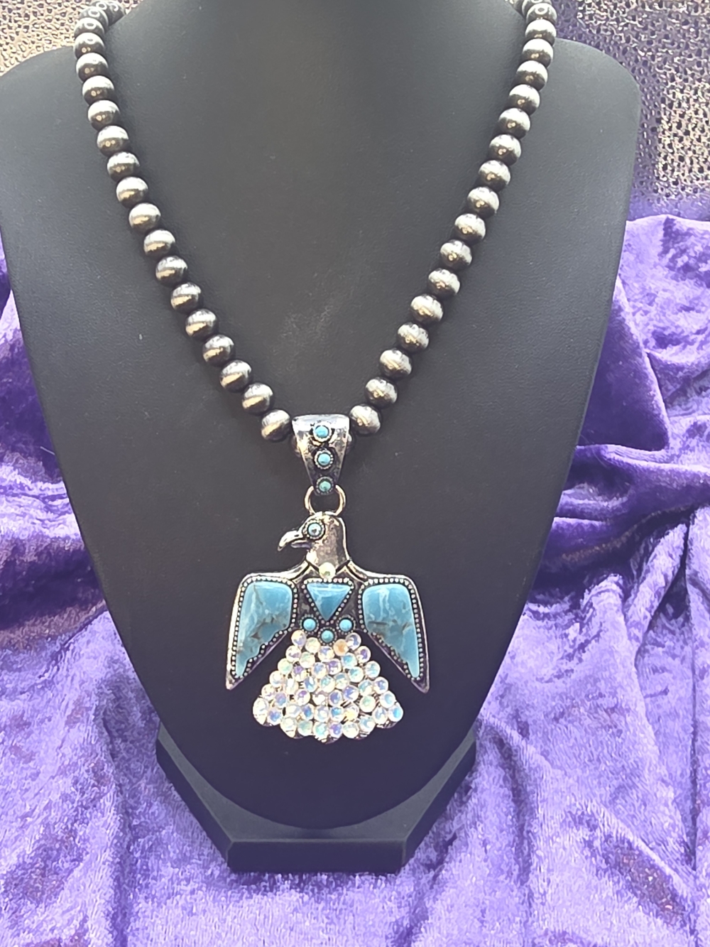 Turquoise Inlay Thunderbird Pendant Necklace with Silver Beads